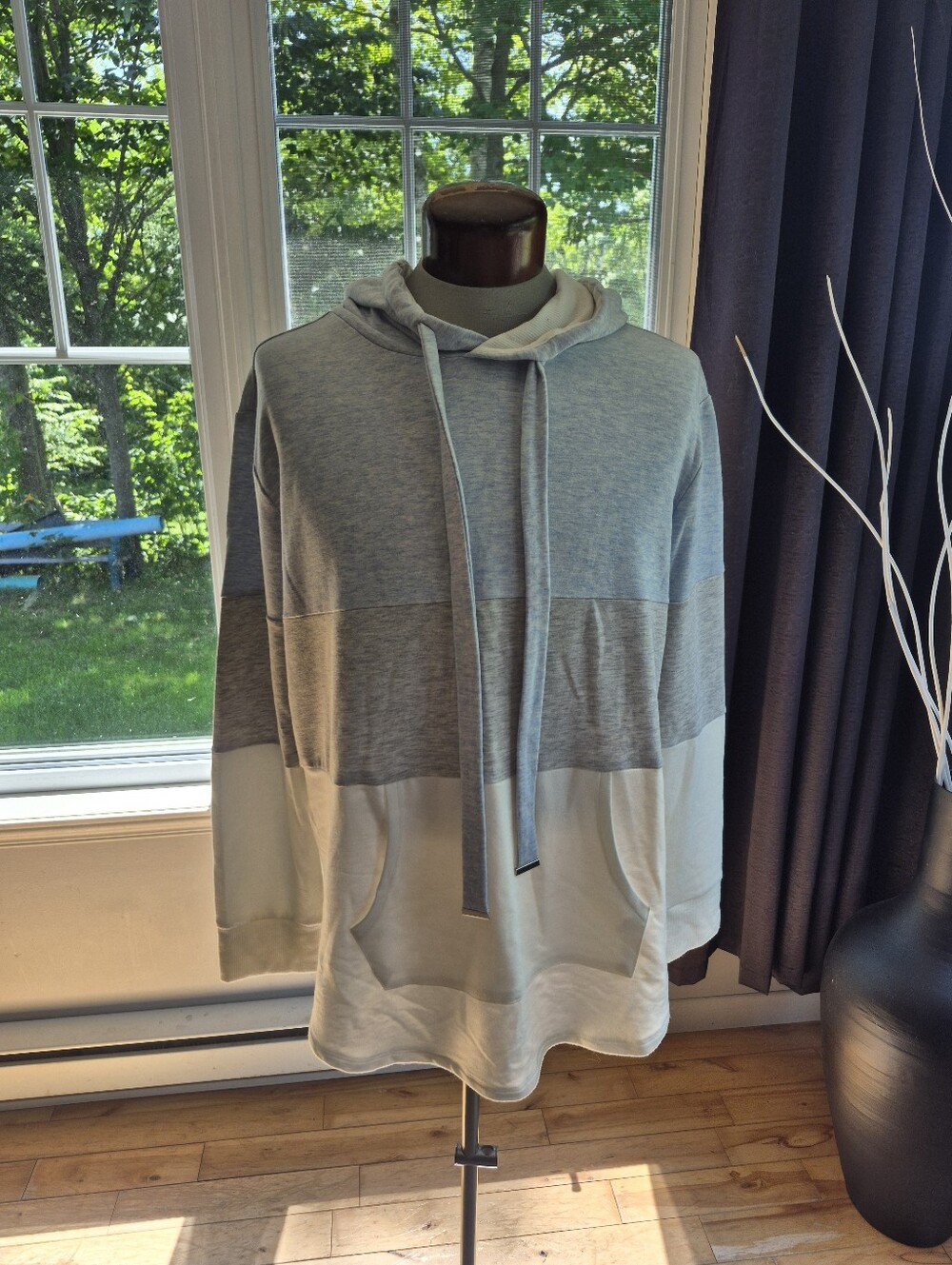 Colorblock Hooded Pullover Shirt - Blue, Grey and Cream
